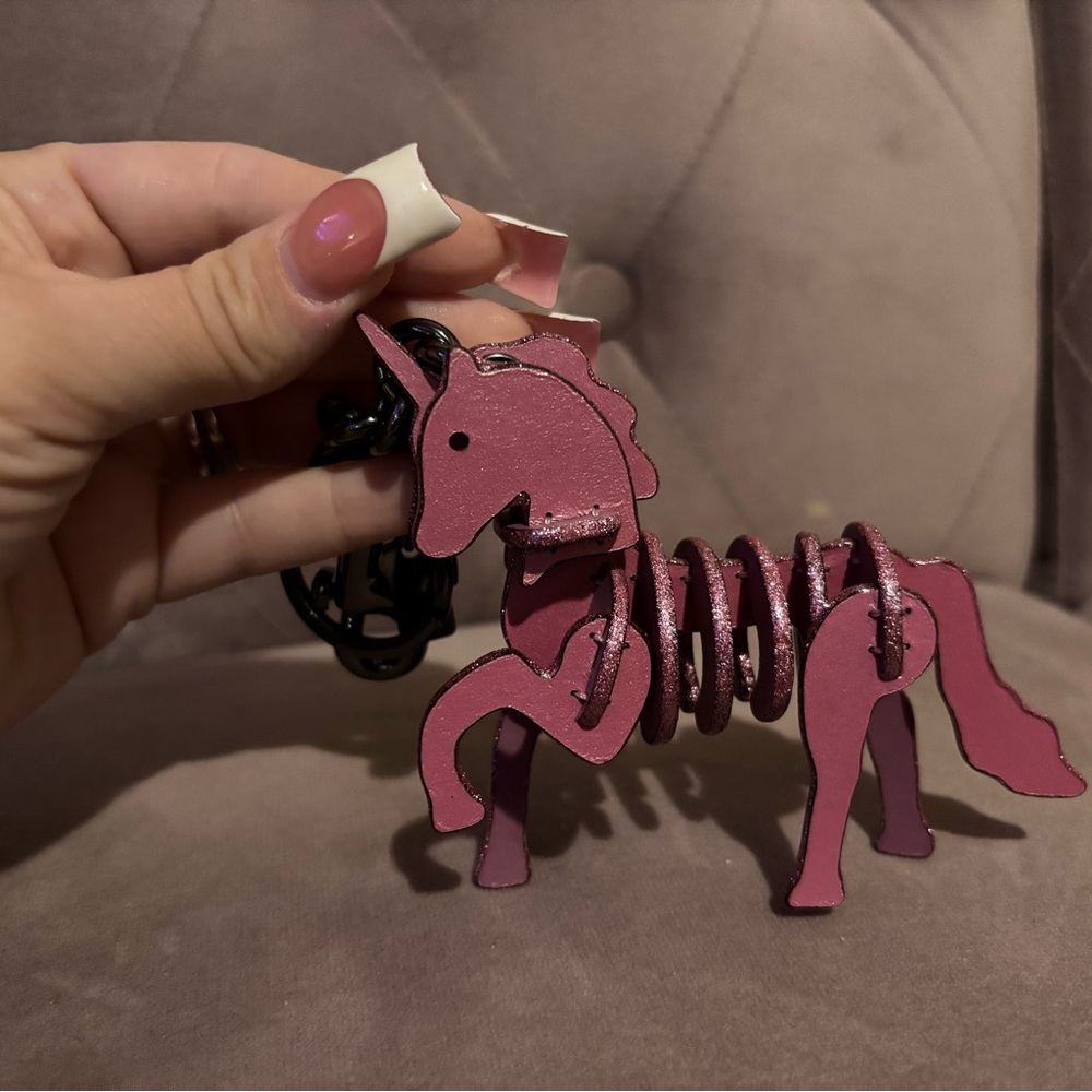 COACH Unicorn Small Leather Puzzle Bag Charm Key Chain Pink Primrose 4x4" NEW